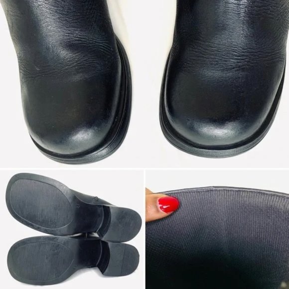VINTAGE KNEE HIGH BLACK THICK LEATHER CHUNKY PLATFORM HEELS BOOTS SIDE ZIPPER - Picture 14 of 14